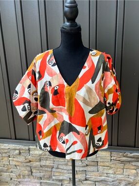 V-Neck Abstract Parrot Print Blouse in Red & Cream